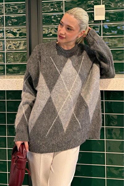 ELBA STİL Gray Crew Neck Geometric Pattern Women's Sweater