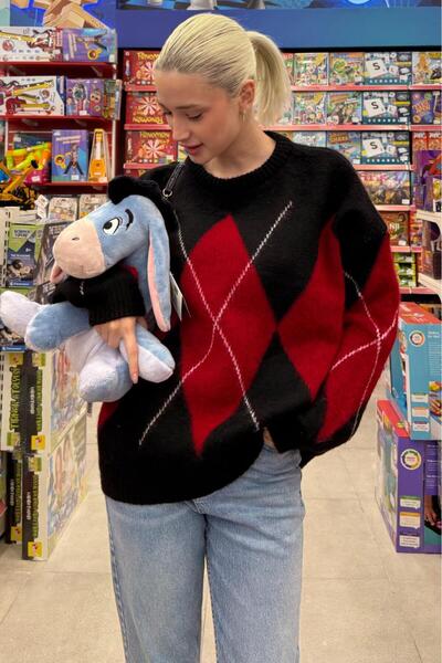 ELBA STİL Black Crew Neck Geometric Pattern Women's Sweater