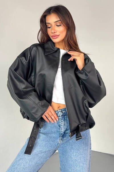 çerme New Season Oversize P&B Women's Oversize Bomber Leather Jacket