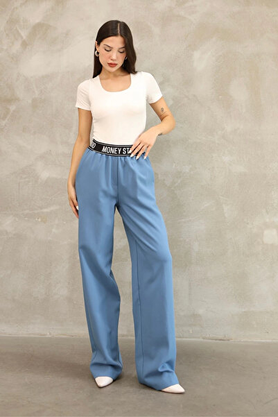 lodmela Elastic Waist Palazzo Pants 6138-Blue
