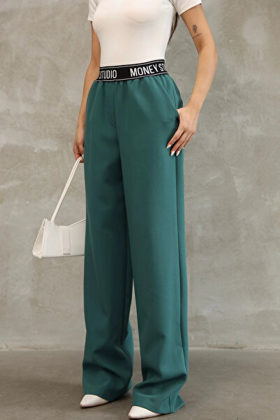 lodmela Elastic Waist Palazzo Pants 6138-Petrol Green