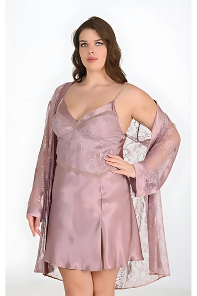 Bleu Petite Set cămașă de noapte pentru femei din satin de mărime mare