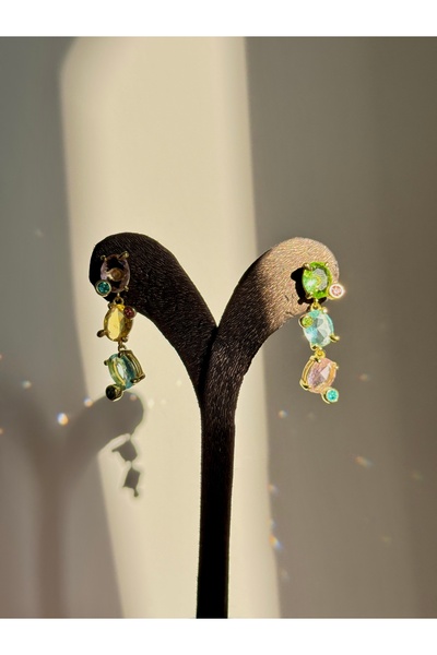 YOUES JEWELRY 316L Steel Colored Stone Gema Damla Gold Earrings