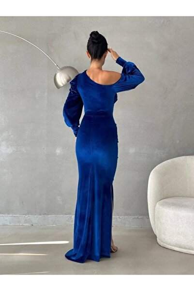 By BAYANA Maxi Boy Omzu Açık Yırtmaçlı Kadife Kumaş Abiye Elbise Söz Nişan Kına Düğün Kutlama Davet