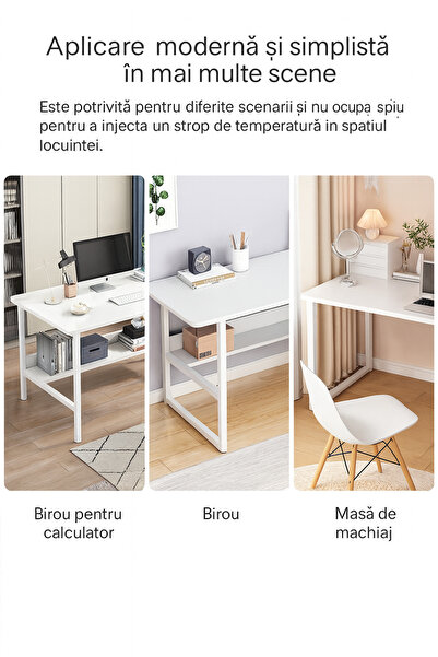 ROHS Birou de calculator HomeOFFICE cu raft, model scandinav, alb pur, picioare metalice, dimensiuni 120x45x72 cm