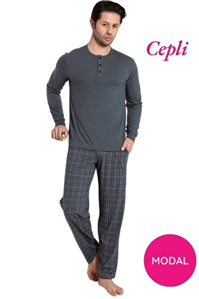 GUAVA+ Men's 3 Button Plaid Pattern Cotton Lycra Seasonal Modal Long Sleeve Cuffed Pajama Set with Pockets