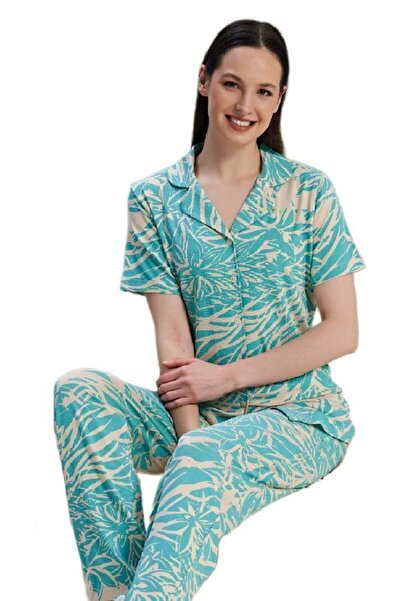 bipamuk طقم بيجامة نسائي بأكمام قصيرة وأزرار من الفسكوز موديل ميرا مقاس S/XL