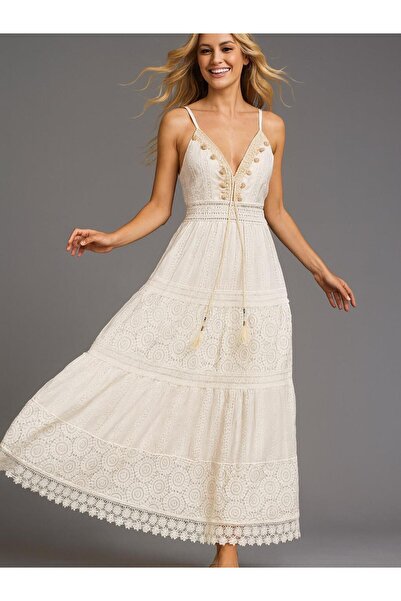 Butik İtalyan Dantel Elbise - BEYAZ