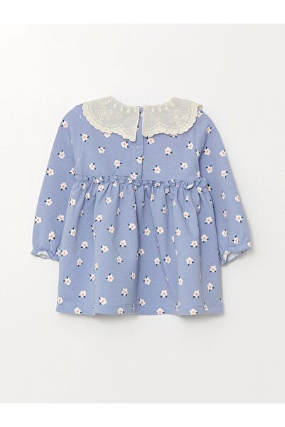 LC Waikiki LCW baby Mavi Bebe Yaka Uzun Kollu Çiçekli Kız Bebek Elbise ve Külotlu Çorap 2'li Takım