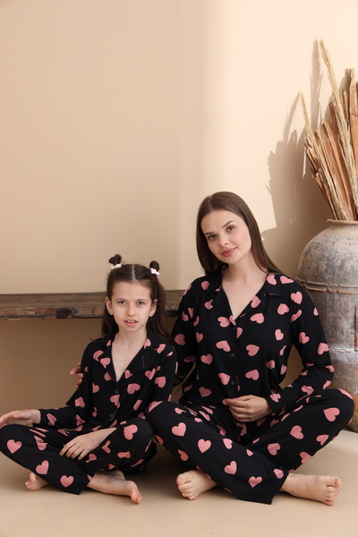 ELİTOL Kalp Desen Milan Örme Uzun Kol Anne-Kız Düğmeli Pijama Takımı