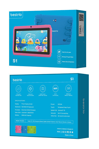 Bestrio S1 Kids Tablet – 7" IPS Display, Octa-Core, 4GB+128GB, Dual Camera, Tempered Glass, Android
