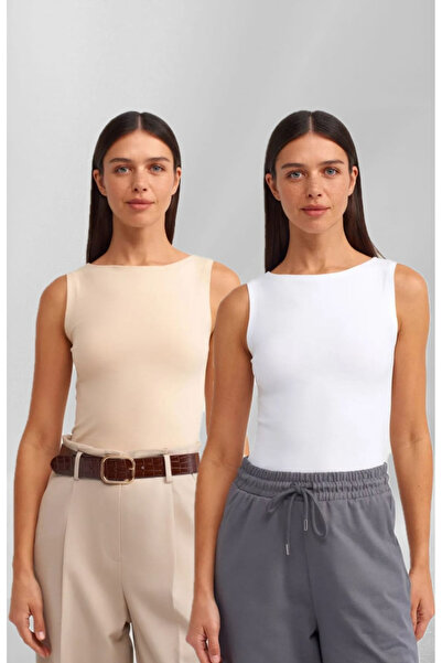 mısstresa boutıque ياقة قارب بقطعتين بدون أكمام أبيض كريمي بدون أكمام