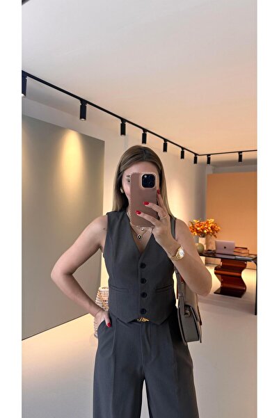 Sezgi Tekin Премиум серия Колан за талия Детайл Кафе жилетка