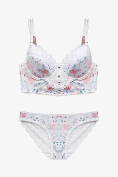 gd goldoremi 80311 Women's Shiny Patterned Buttoned Lace Detailed Bustier Set