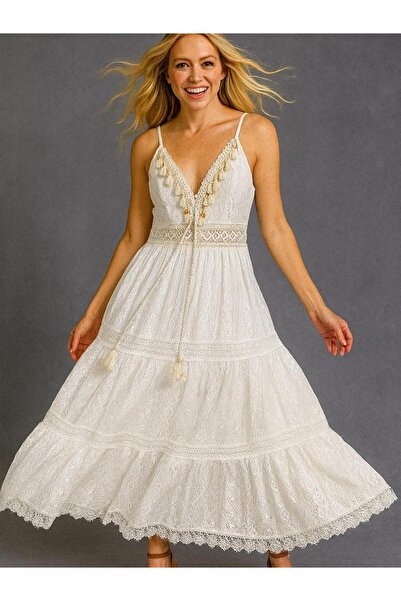 Butik İtalyan Dantel Elbise - BEYAZ