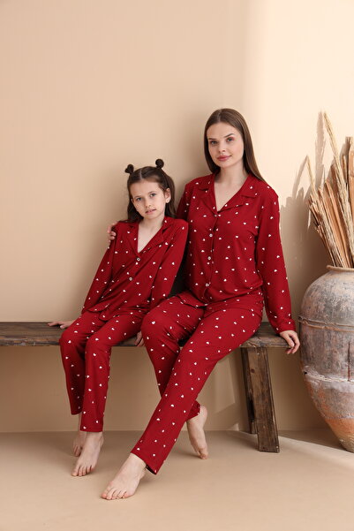 ELİTOL Heart Pattern Milan Knitted Long Sleeve Mother-Daughter Buttoned Pajama Set