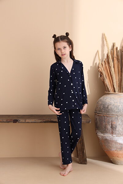 ELİTOL Kalp Desen Milan Örme Uzun Kol Anne-Kız Düğmeli Pijama Takımı