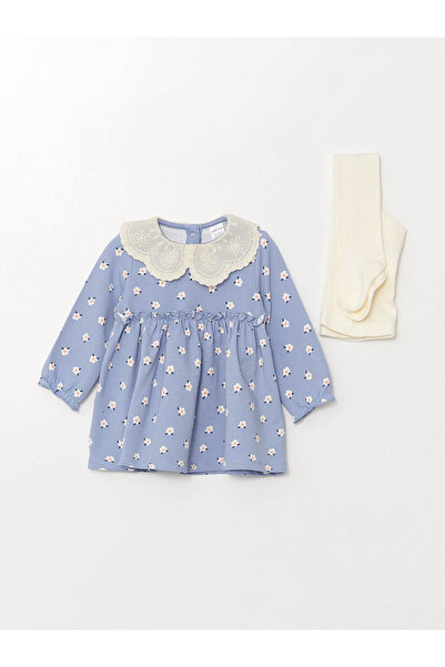 LC Waikiki LCW baby Mavi Bebe Yaka Uzun Kollu Çiçekli Kız Bebek Elbise ve Külotlu Çorap 2'li Takım