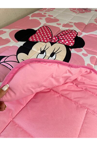 adenkahome Minnie Mouse Desenli, Kapitone Dikişli Tek Kişilik Yatak Örtüsü Seti 160x220 cm + Yastık Kılıfı