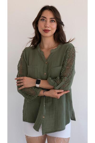 QYA Clothing Πουκάμισο μουσελίνας με λεπτομέρεια από δαντέλα από αυθεντικό βαμβάκι