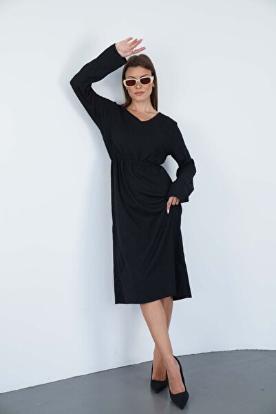 KAŞİHA فستان نسائي بياقة على شكل V وخصر مطاطي من قماش بوروميك