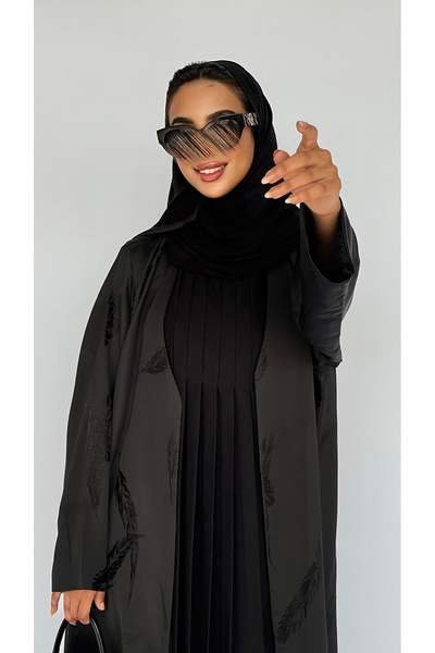 outline Black abaya with a dress attached in cool summer jacquard fabric
