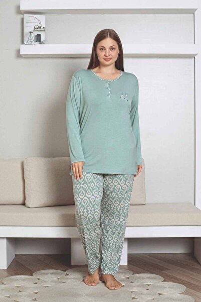 ALİMER Plus Size Ethnic Patterned Women's Pajama Set - Green Embroidered Long Sleeve Lycra Fabric 2878Uyb