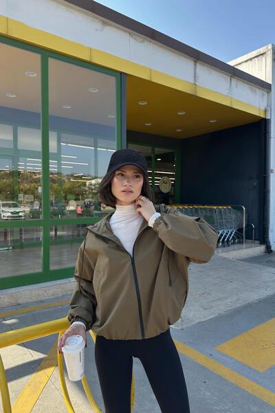 mylove Hooded Zippered Thin Coat Khaki