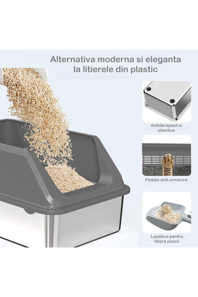 Smart Vibe HuggoFresh® XL Stainless Steel Litter Box, 20L, Odorless, High Walls, Anti-Mark Threshold, Dark