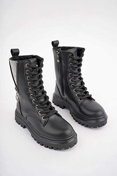 Ludiva Kız Çocuk Cilt Taş Fermuar Detaylı Fermuarlı Kaymaz Taban Postal Bot S...