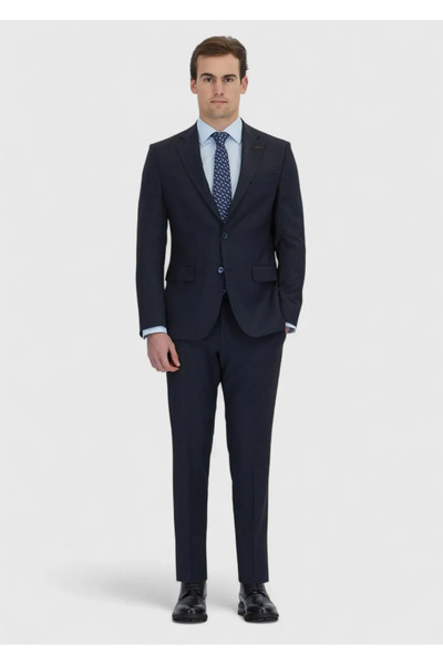 Ramsey Navy Blue Micro Modern Fit Wool Blended Suit