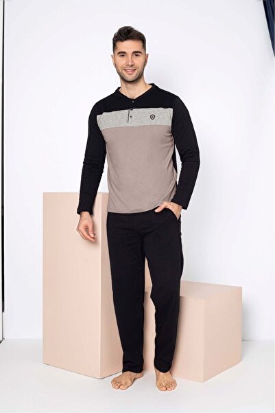 GUAVA+ Ανδρικό σετ πιτζάμες με μαύρο 3 κουμπιά, 100% βαμβάκι, ελαφρύ μακρυμάνικο με τσέπες