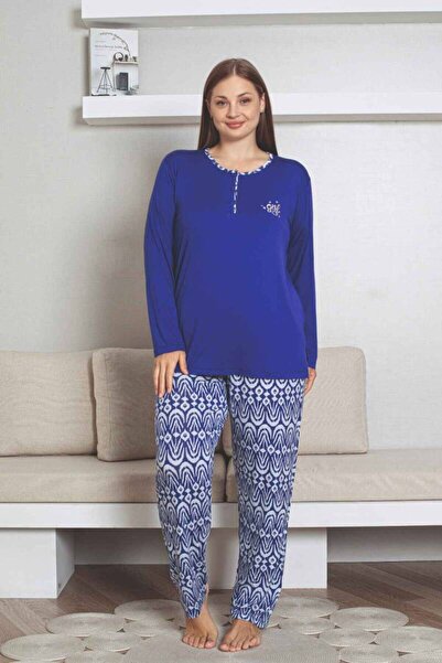 ALİMER Plus Size Ethnic Patterned Women's Pajama Set - Saks Blue Embroidered Long Sleeve Lycra Fabric 2878Uyb