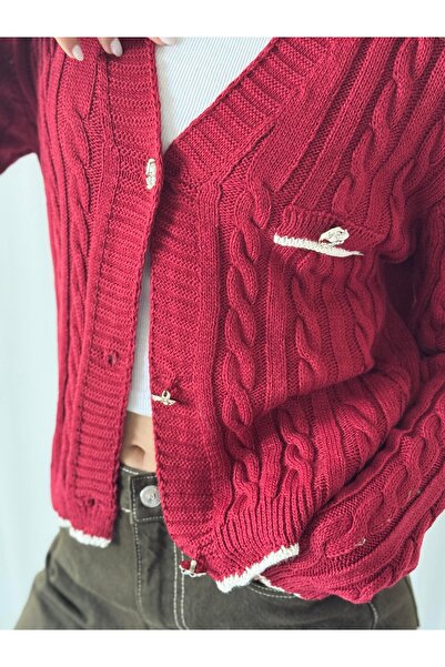 Retrobird Gold Button Cardigan Women Burgundy