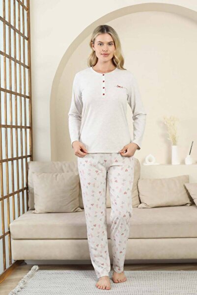 ALİMER Γυναικείο Σετ Πιτζάμες με σχέδιο καρδιάς - Γκρι μελανζέ μακρυμάνικο λύ...