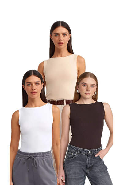 mısstresa boutıque Boat Neck 3-Piece Sleeveless Top - White Cream Brown