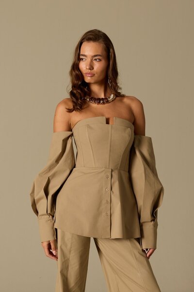 NOK İSTANBUL Dusk Volume 100% Cotton Corset Shirt Top Bronze Brown