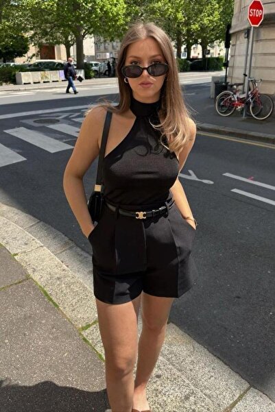 Seeh Siyah Yüksek Bel Mini Kadın Şort SH304