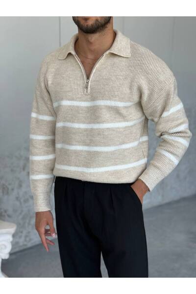 OKSHEN Men's Striped Zippered Knit Sweater