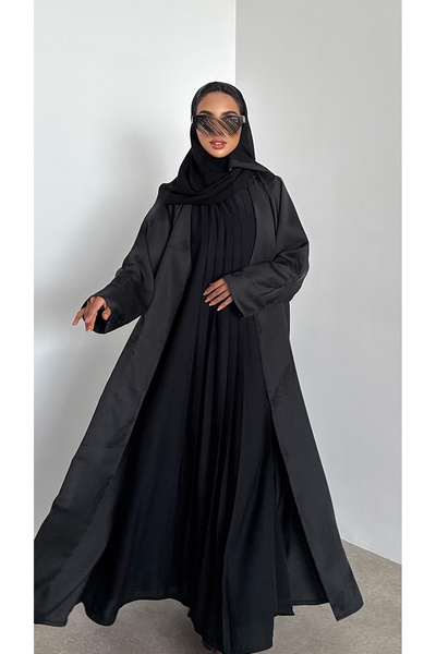 outline Black abaya with a dress attached in cool summer jacquard fabric