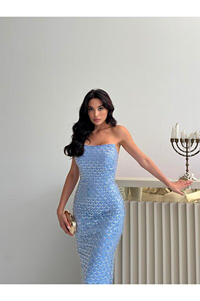 Serica Moda Bebe Mavi Straplez Boncuk İşlemeli Mdii Abiye Elbise