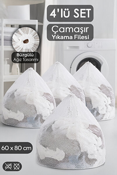 Meleni Home 4-Piece Curtain and Laundry Net Set - Large Size Drawstring Laundry Net 60X80 cm White
