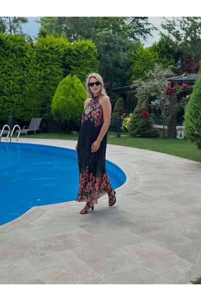 MACHEK Kadın Çiçek Desenli Uzun Şifon Elbise – Abiye, Düğün, Nişan ve Günlük Şık Kombinlere Uygun