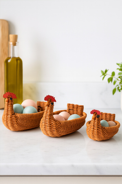 YUNUSOĞLU HOME Chicken-Shaped Basket 3-Piece Set – Wicker Egg Basket, Bread Basket, and Decorative Storage Basket