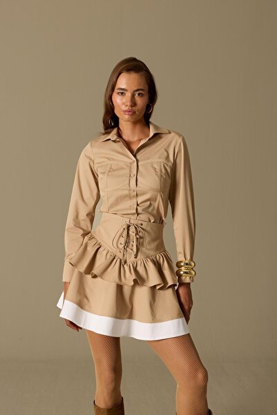 NOK İSTANBUL Luna Line 100% Cotton Stitched Shirt Bronze Brown