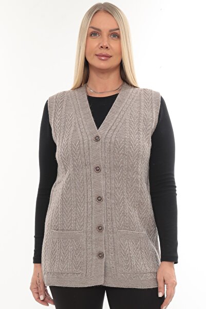 İKSUN Kalın Yünlü Kışlık Triko Cepli Düğmeli Anne Yelek