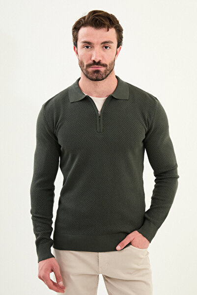 Mcr Textured Slim Fit Zippered Polo Neck Men's Knitwear Sweater Khaki - 11567.25K