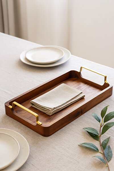 YUNUSOĞLU HOME Acacia Serving Tray – Rectangular Tea and Coffee Presentation Tray with Gold Detail Metal Handles 48X18X6 cm
