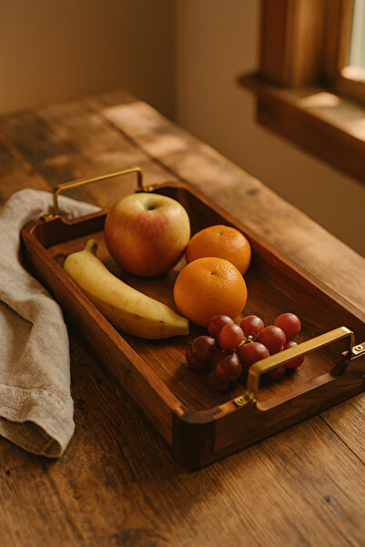 YUNUSOĞLU HOME Acacia Serving Tray – Rectangular Tea and Coffee Presentation Tray with Gold Detail Metal Handles 48X18X6 cm