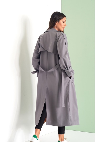 Tugrada Stylish Stone-Colored Buttoned Trench Coat – Comfortable and Modern Fit